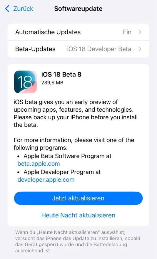 宽甸苹果手机维修分享苹果 iOS / iPadOS 18 开发者预览版 Beta 8 发布 